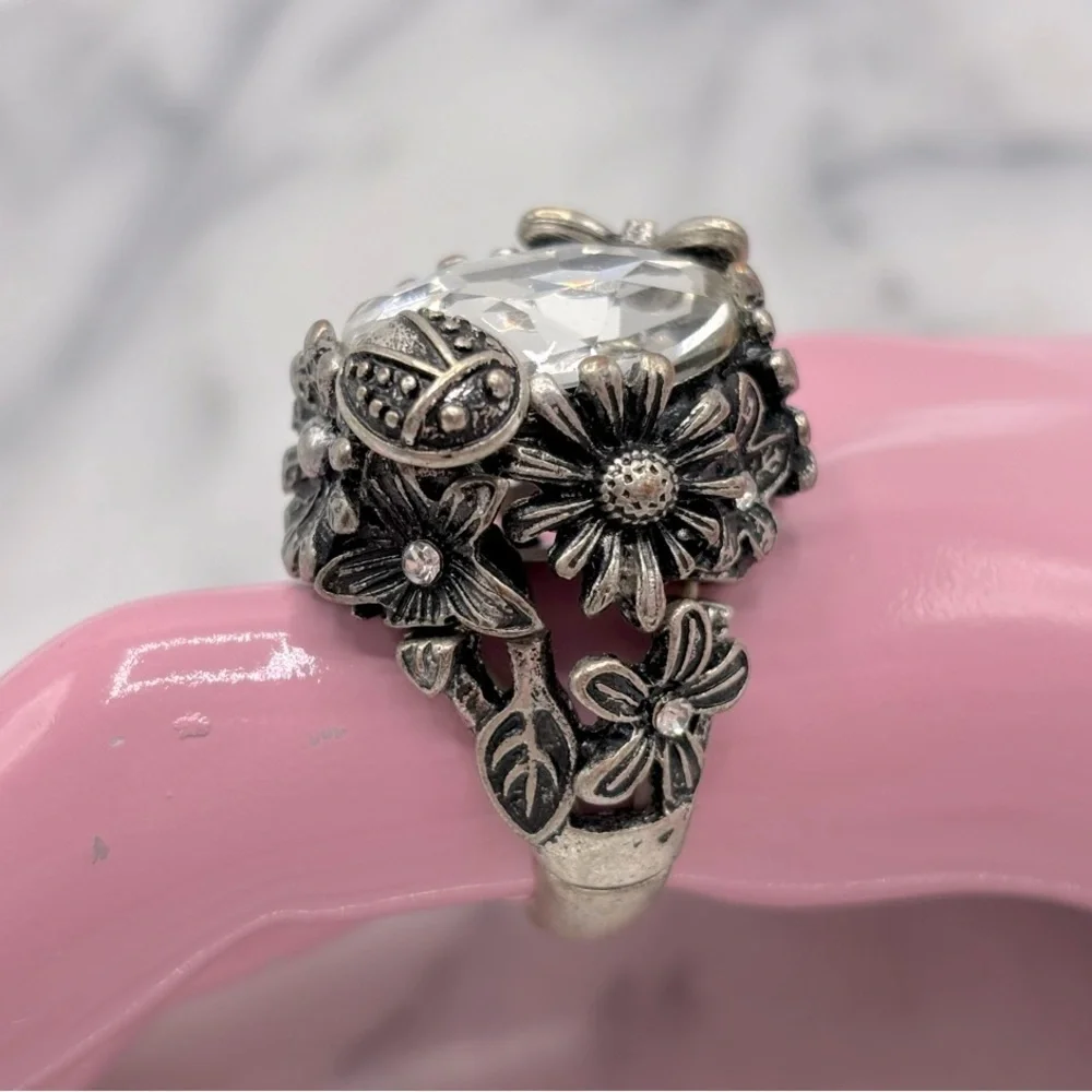 Chunky Flower &‎ Ladybug Antique Silver Tone Crystal Costume Ring Stretch Band